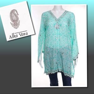 Alka Vora Seafoam Green Silver Sequin Tunic Top S